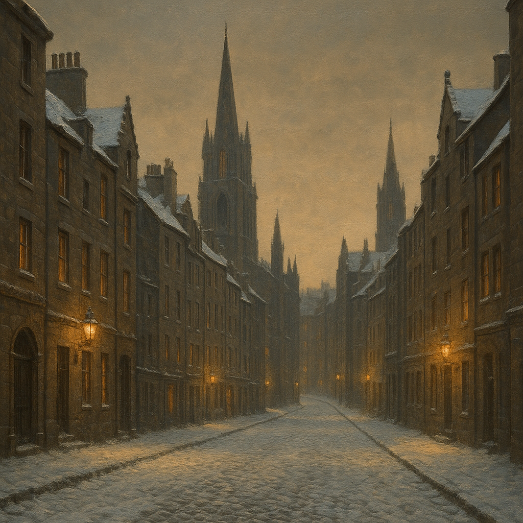 Edinburgh Old Town Royal Mile in Snow No. 7 Oil Painting - View 1