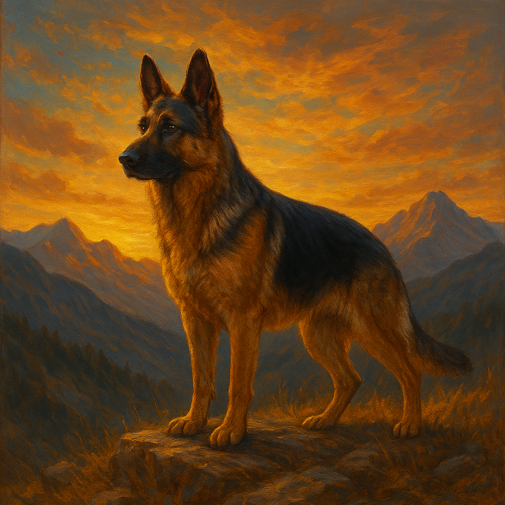 German Shepherd Standing in Alpine Sunset No. 16 Fine Art Oil Painting - View 1