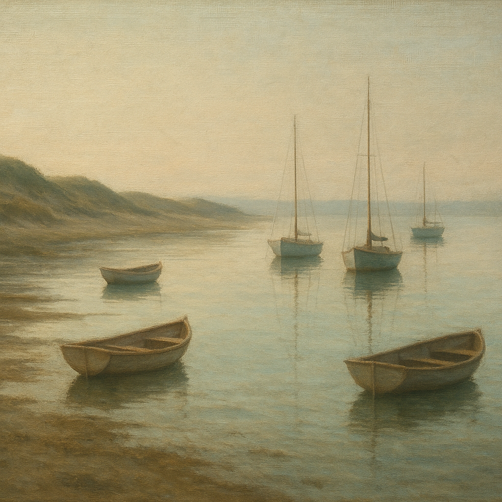 Quiet Fishing Harbor at Morning Low Tide No. 20 Oil Painting 100% Hand Painted Oil on Belgian Linen Canvas, Original Fine Art Wall Decor