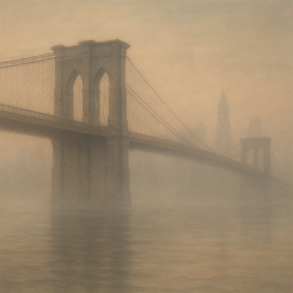 Brooklyn Bridge in Morning River Mist No. 16 Oil Painting - View 1