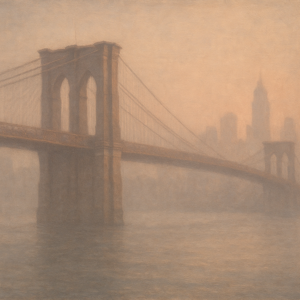 Brooklyn Bridge in Morning River Mist No. 3 Oil Painting - View 1