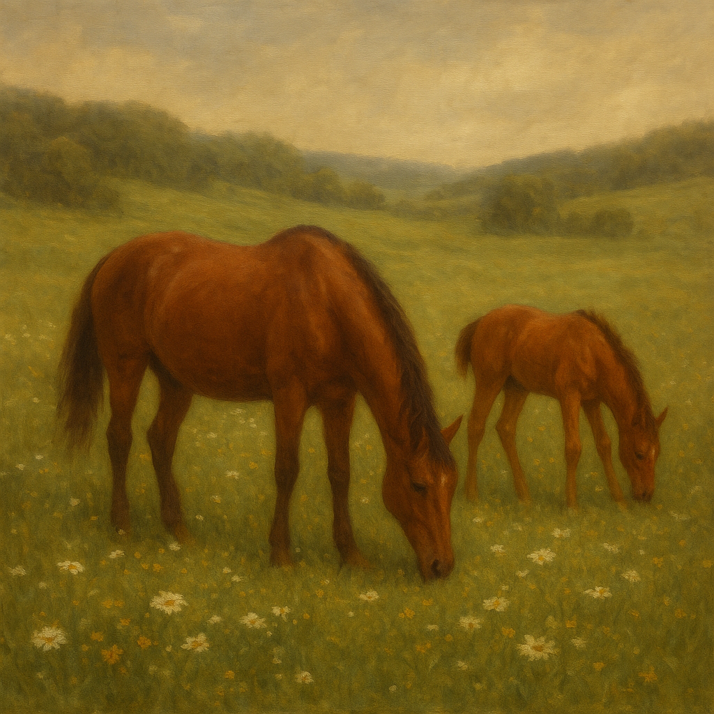 Mares & Foals Grazing in Rolling Meadow No. 6 Oil Painting - View 1