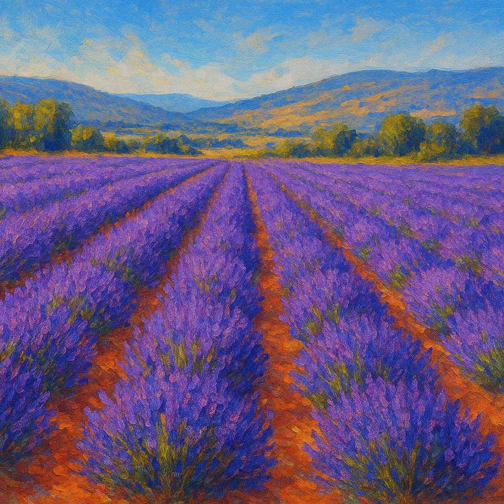 Sun-Drenched Lavender Field in Provence Vista No. 10 Fine Art Oil Painting - View 1