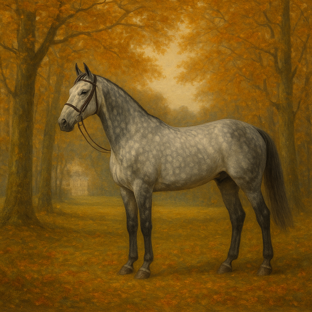 Dappled Grey Hunter in Autumn Woodland Oil Painting - View 1