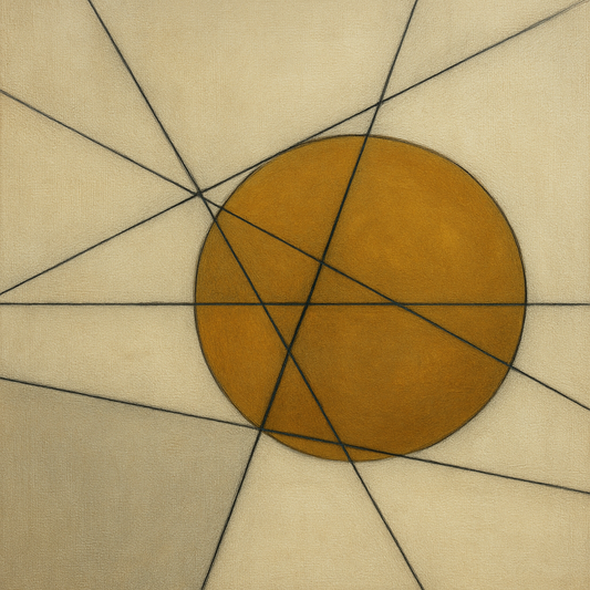 Abstract Tangent Lines & Earthy Ochre Disc No. 18 Oil Painting - View 1