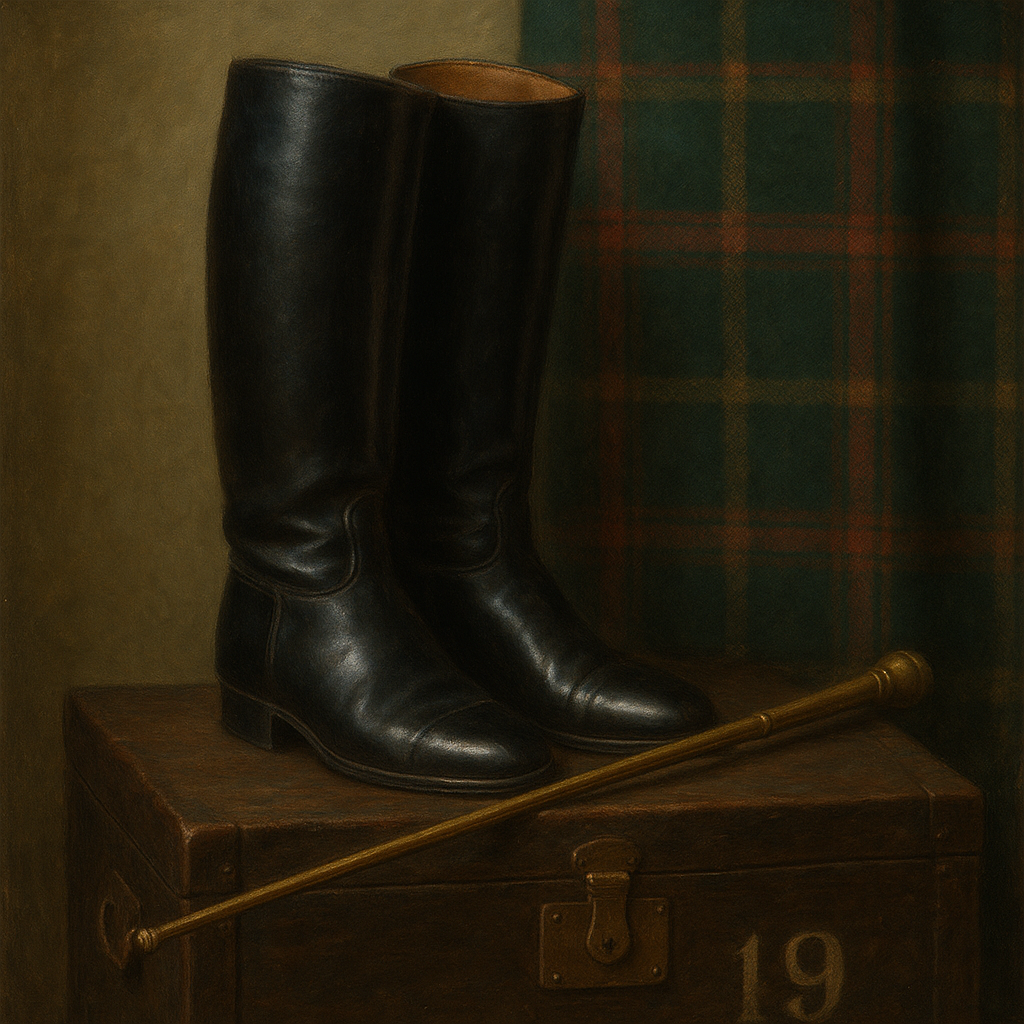 Vintage Riding Boots & Brass Crop on Trunk No. 19 Oil Painting - View 1