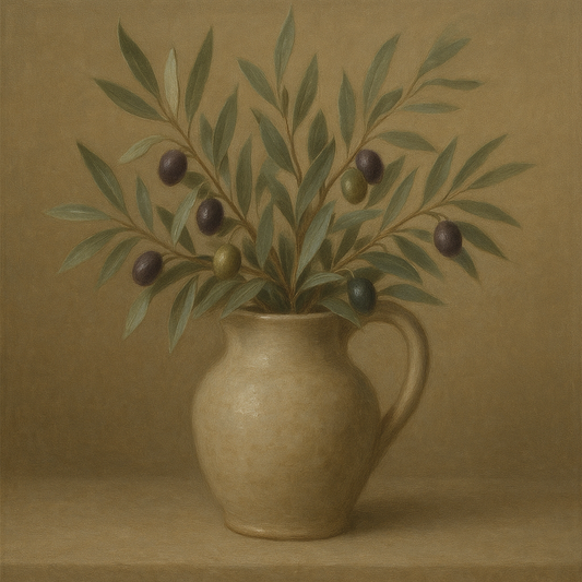 Wild Olive Sprigs in Stoneware Pitcher No. 6 Oil Painting - View 1