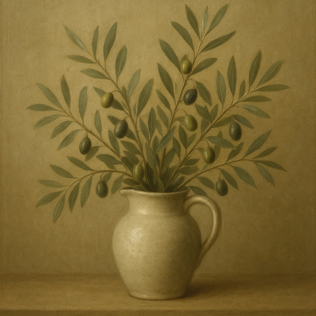 Wild Olive Sprigs in Stoneware Pitcher No. 10 Oil Painting 100% Hand Painted Oil on Belgian Linen Canvas, Original Fine Art Wall Decor