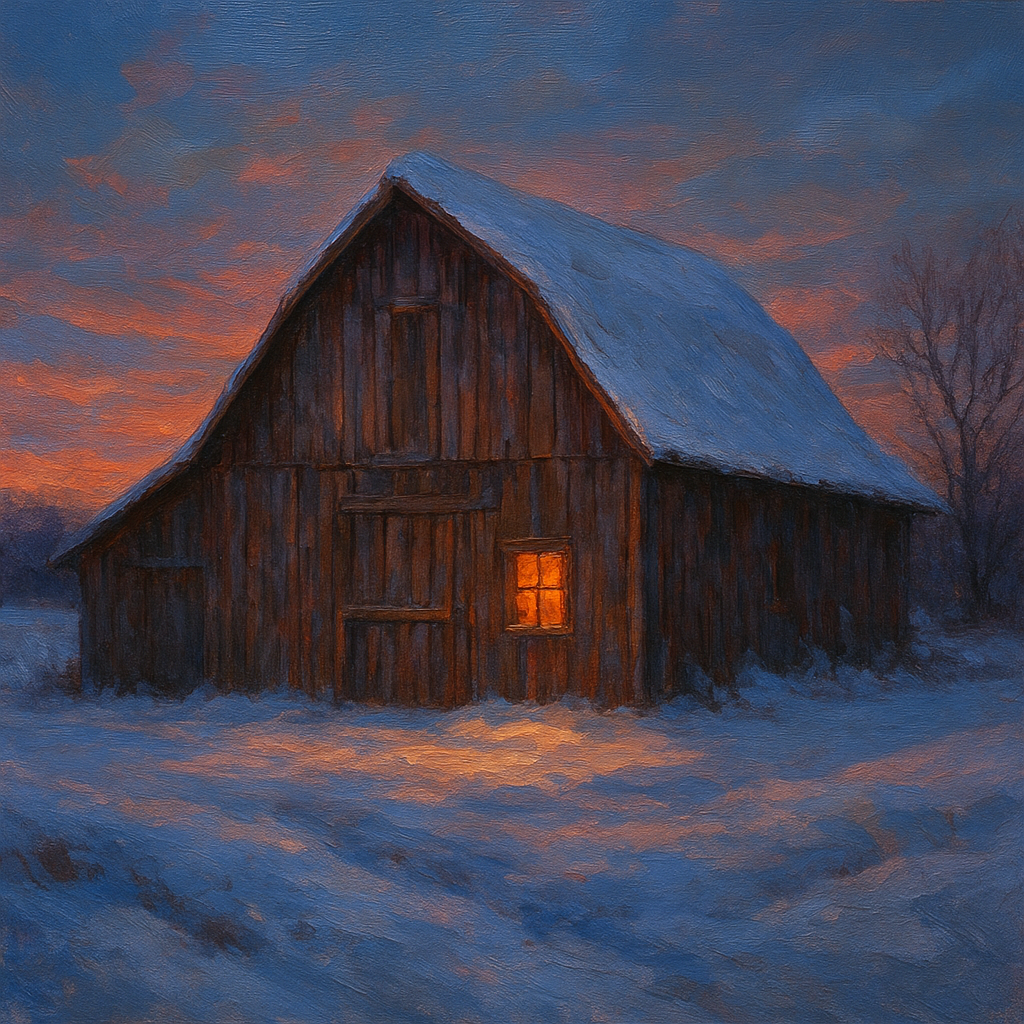 Rustic Wooden Barn in Quiet Winter Twilight Fine Art Oil Painting - View 1