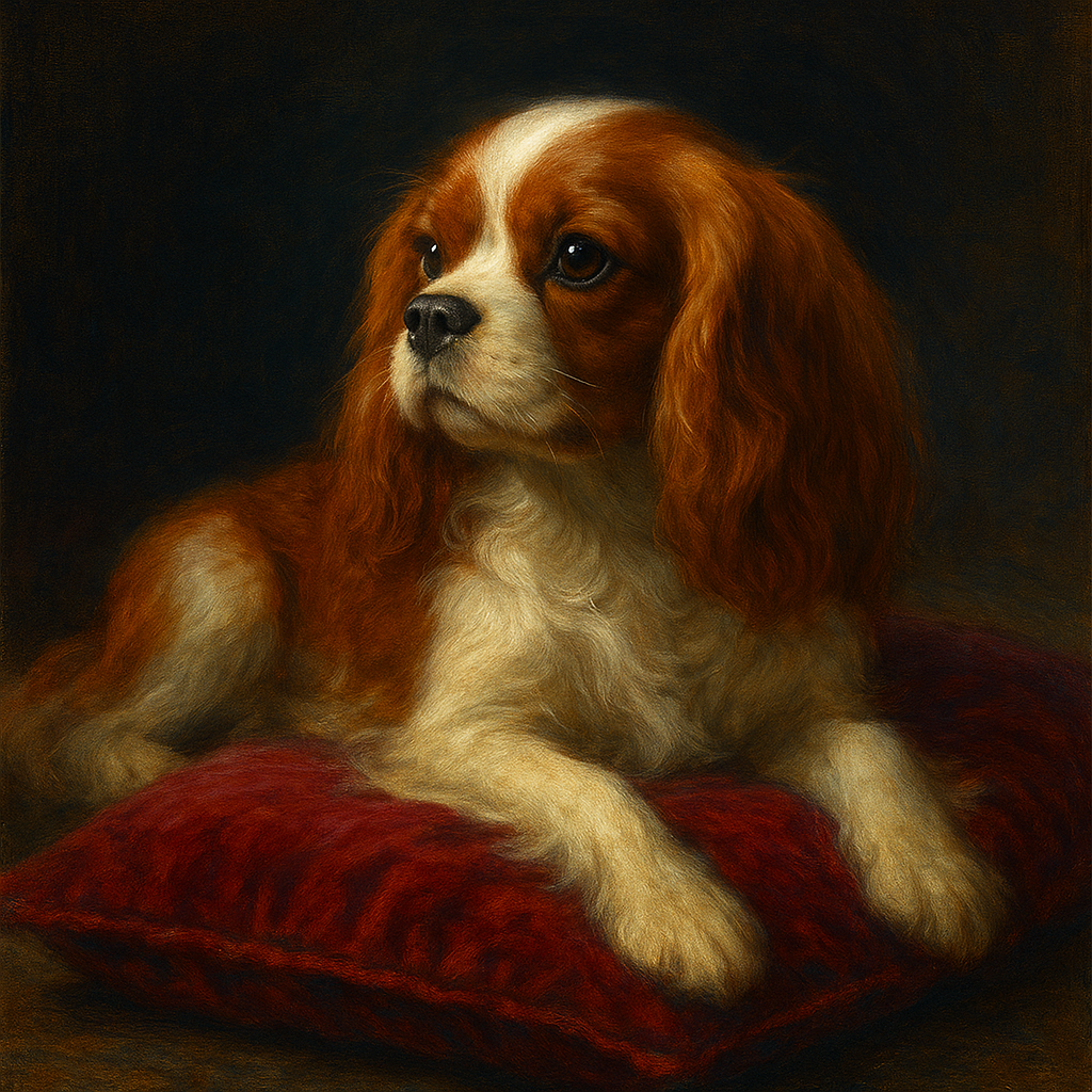 Cavalier King Charles Spaniel on Velvet Cushion No. 2 Fine Art Oil Painting - View 1