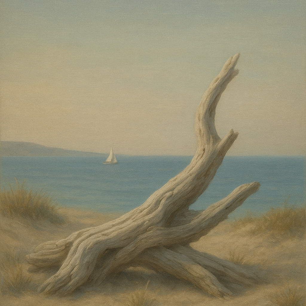 Sun-Bleached Driftwood & Distant Sailboat No. 4 Oil Painting 100% Hand Painted Oil on Belgian Linen Canvas, Original Fine Art Wall Decor