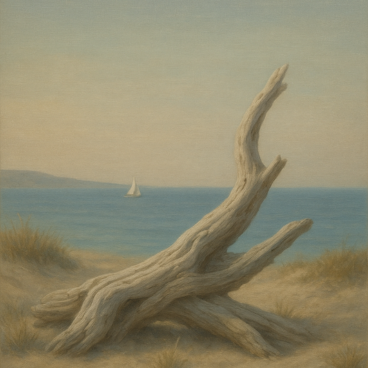 Sun-Bleached Driftwood & Distant Sailboat No. 4 Oil Painting 100% Hand Painted Oil on Belgian Linen Canvas, Original Fine Art Wall Decor