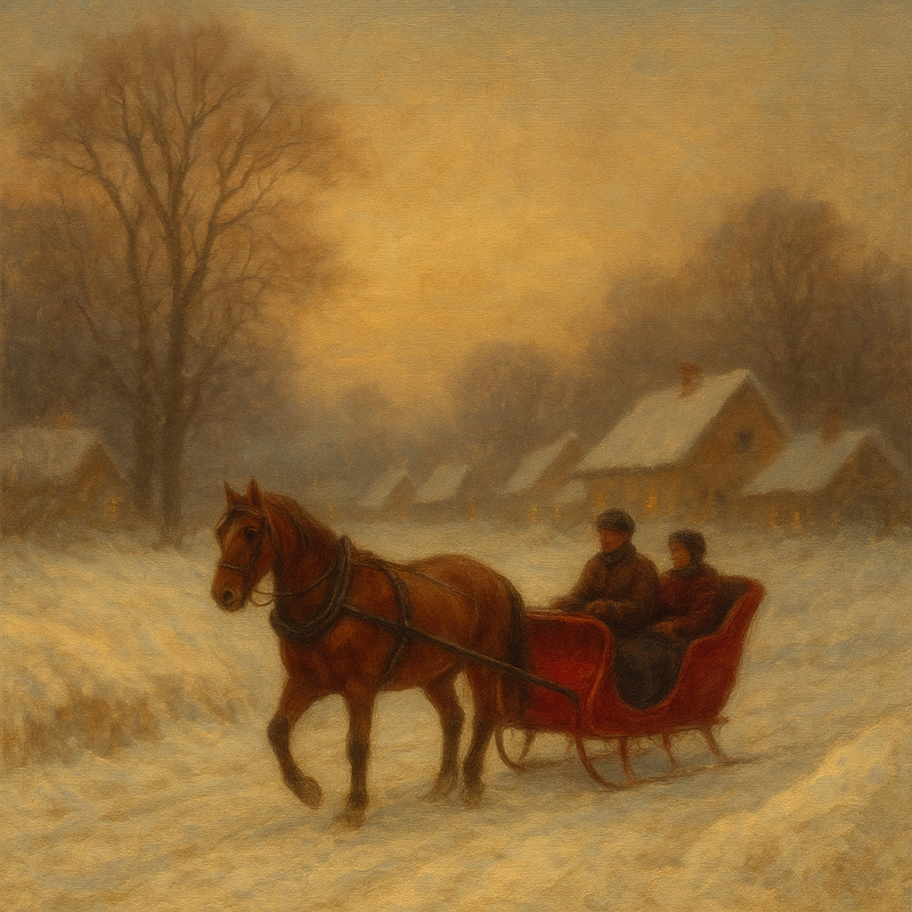 Horse-Drawn Sleigh on Village Snow Road No. 7 Oil Painting - View 1