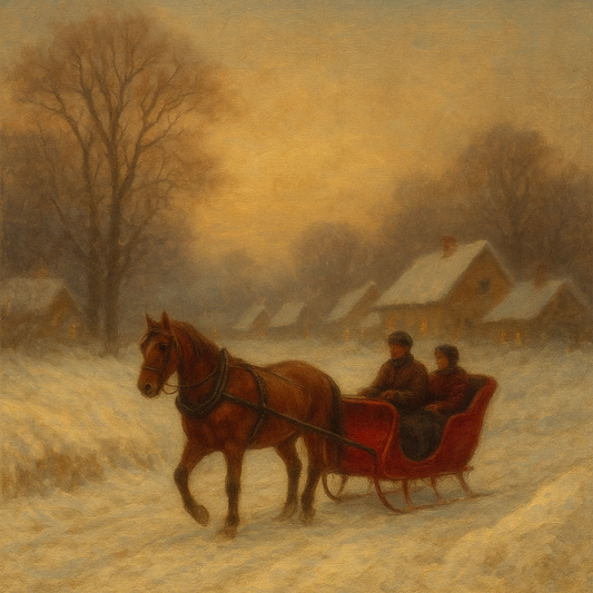 Horse-Drawn Sleigh on Village Snow Road No. 7 Oil Painting 100% Hand Painted Oil on Belgian Linen Canvas, Original Fine Art Wall Decor