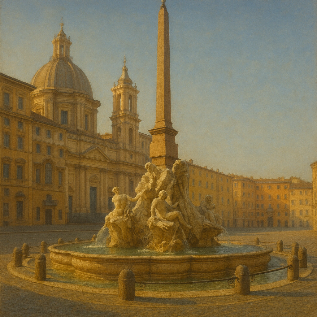 Rome Piazza Fountain in Morning Sunlight No. 13 Oil Painting 100% Hand Painted Oil on Belgian Linen Canvas, Original Fine Art Wall Decor