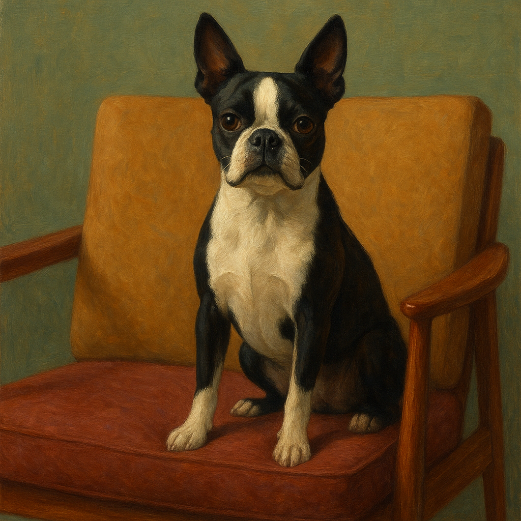 Boston Terrier in Warm Mid-Century Armchair No. 9 Fine Art Oil Painting - View 1