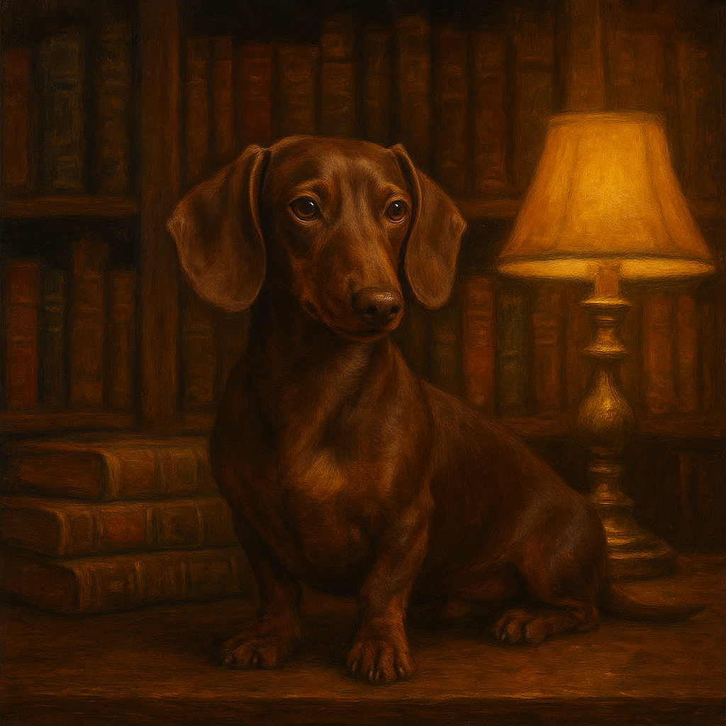 Smooth Dachshund in Moody Library Study No. 5 Fine Art Oil Painting - View 1