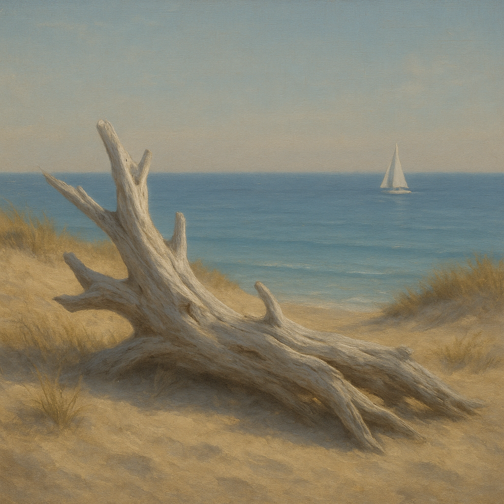 Sun-Bleached Driftwood & Distant Sailboat No. 12 Oil Painting - View 1