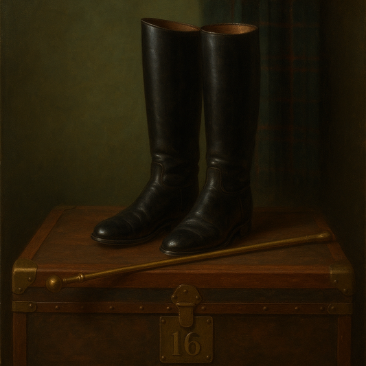 Vintage Riding Boots & Brass Crop on Trunk No. 16 Oil Painting - View 1