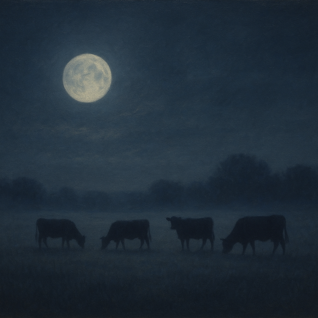 Moonlit Pastoral Meadow & Cattle Silhouettes No. 6 Oil Painting - View 1
