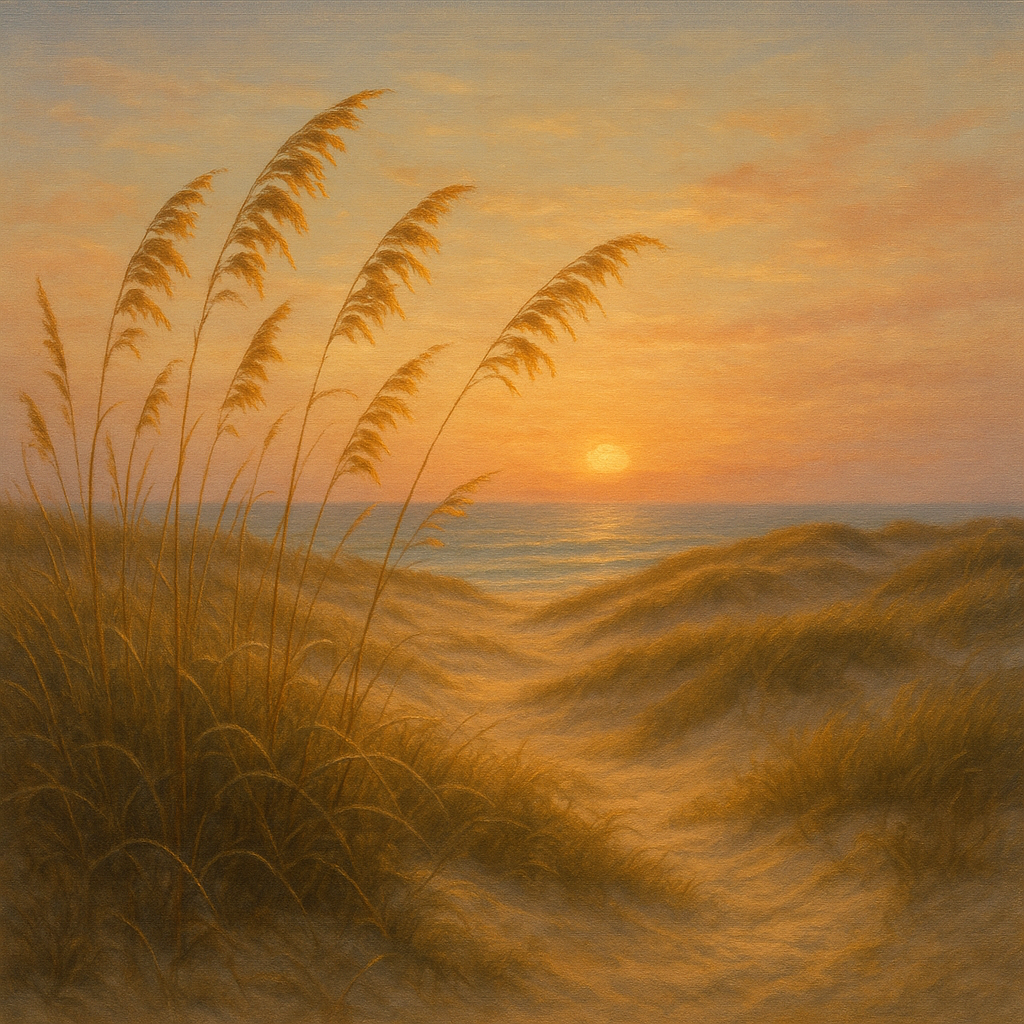 Sea Oats on Rolling Coastal Dunes at Sunset No. 6 Oil Painting - View 1