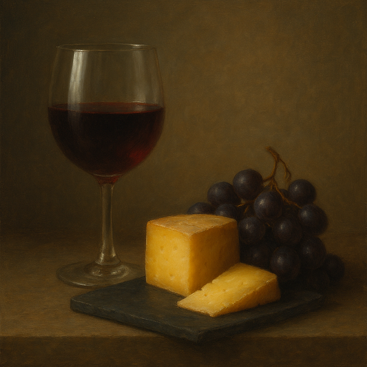 Burgundy Wine Glass & Aged Cheese Board Oil Painting - View 1
