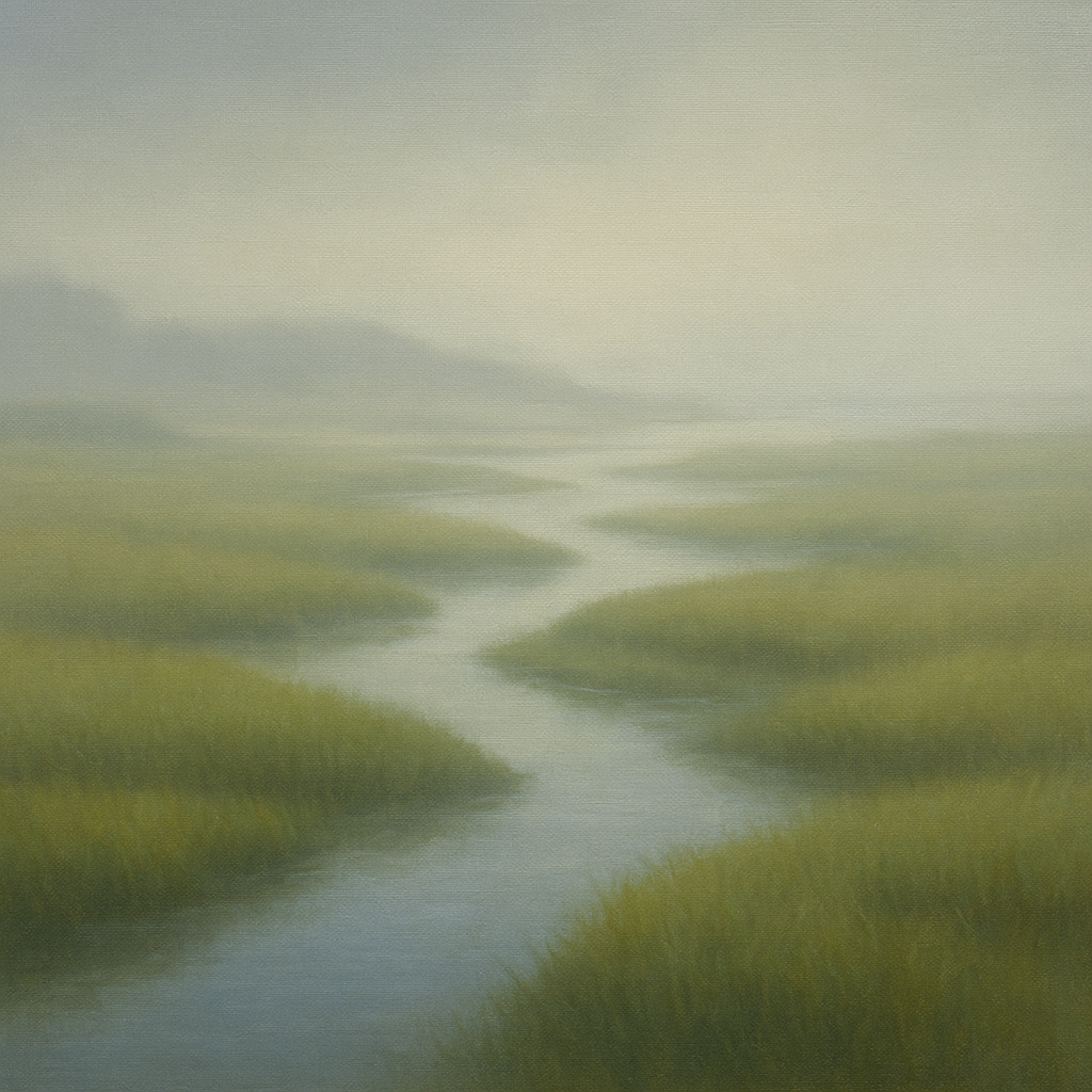Morning Fog over Cape Cod Tidal Marsh Oil Painting - View 1