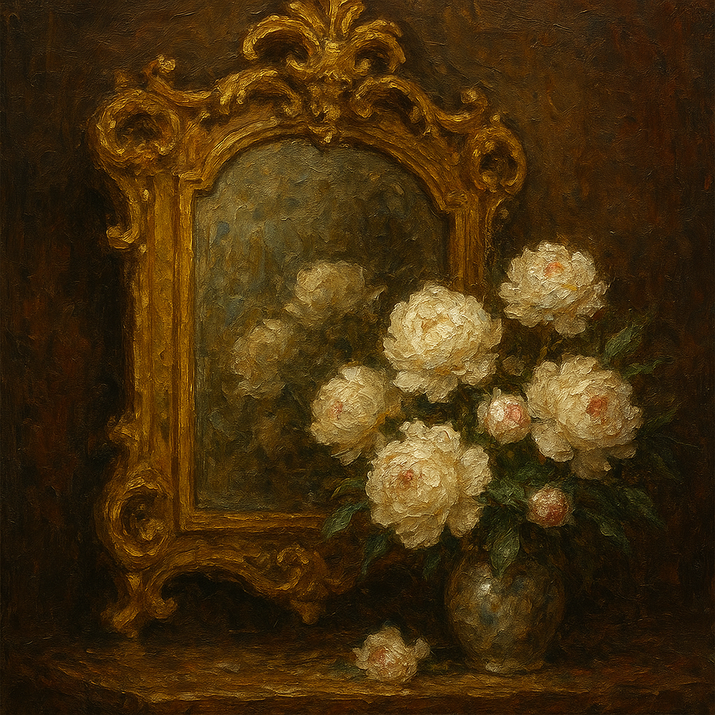 Baroque Gilded Mirror & Peonies Oil Painting - 100% Hand-Painted Master Oil Painting