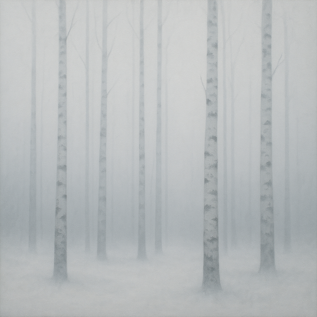 Pale Birch Woodland Silhouette in Whiteout No. 17 Oil Painting - View 1