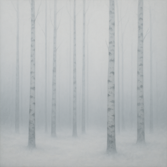 Pale Birch Woodland Silhouette in Whiteout No. 17 Oil Painting - View 1