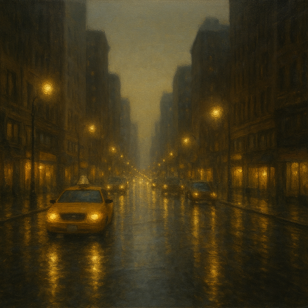 Rain-Drenched Manhattan Avenue Lights Oil Painting - View 1