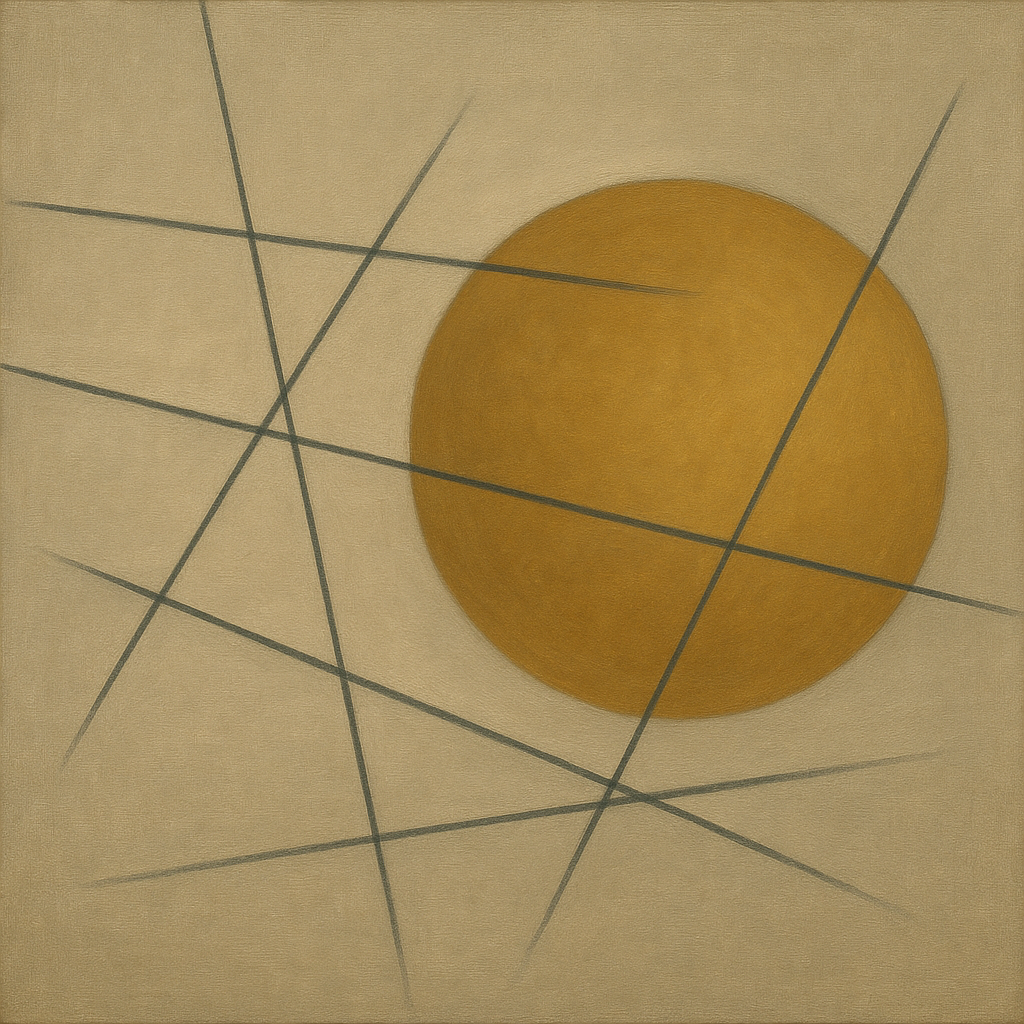 Abstract Tangent Lines & Earthy Ochre Disc Oil Painting 100% Hand Painted Oil on Belgian Linen Canvas, Original Fine Art Wall Decor
