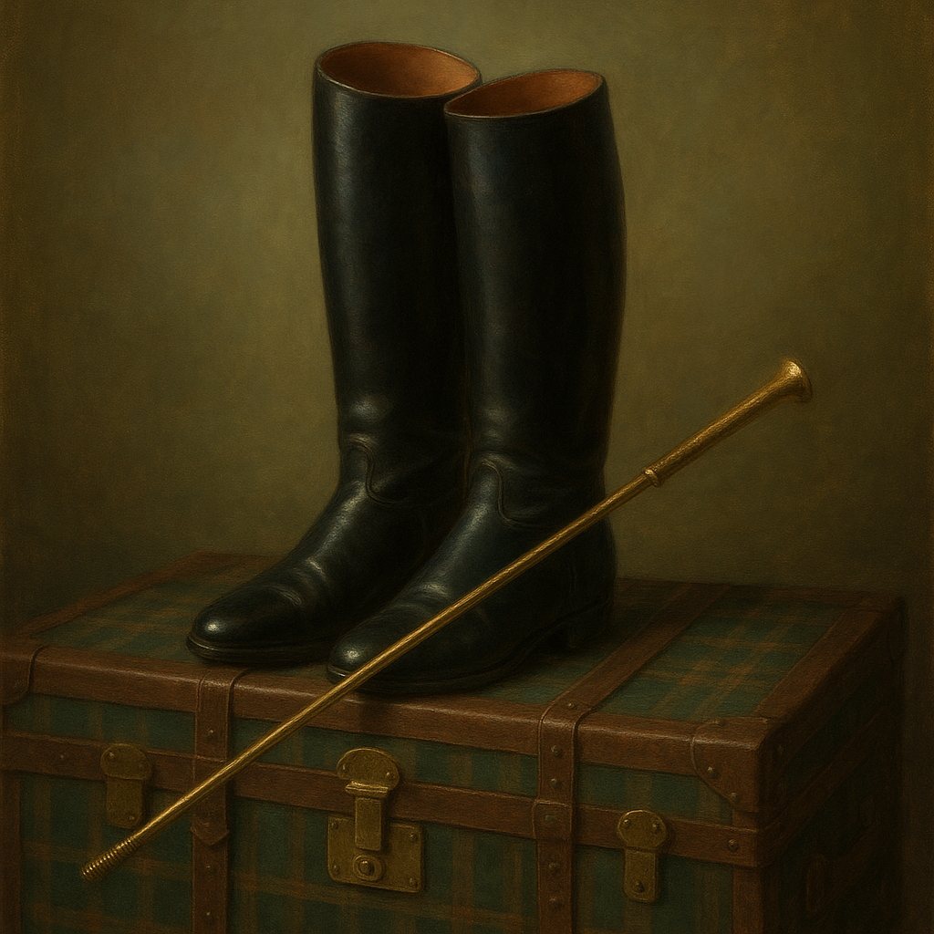 Vintage Riding Boots & Brass Crop on Trunk No. 3 Oil Painting - View 1