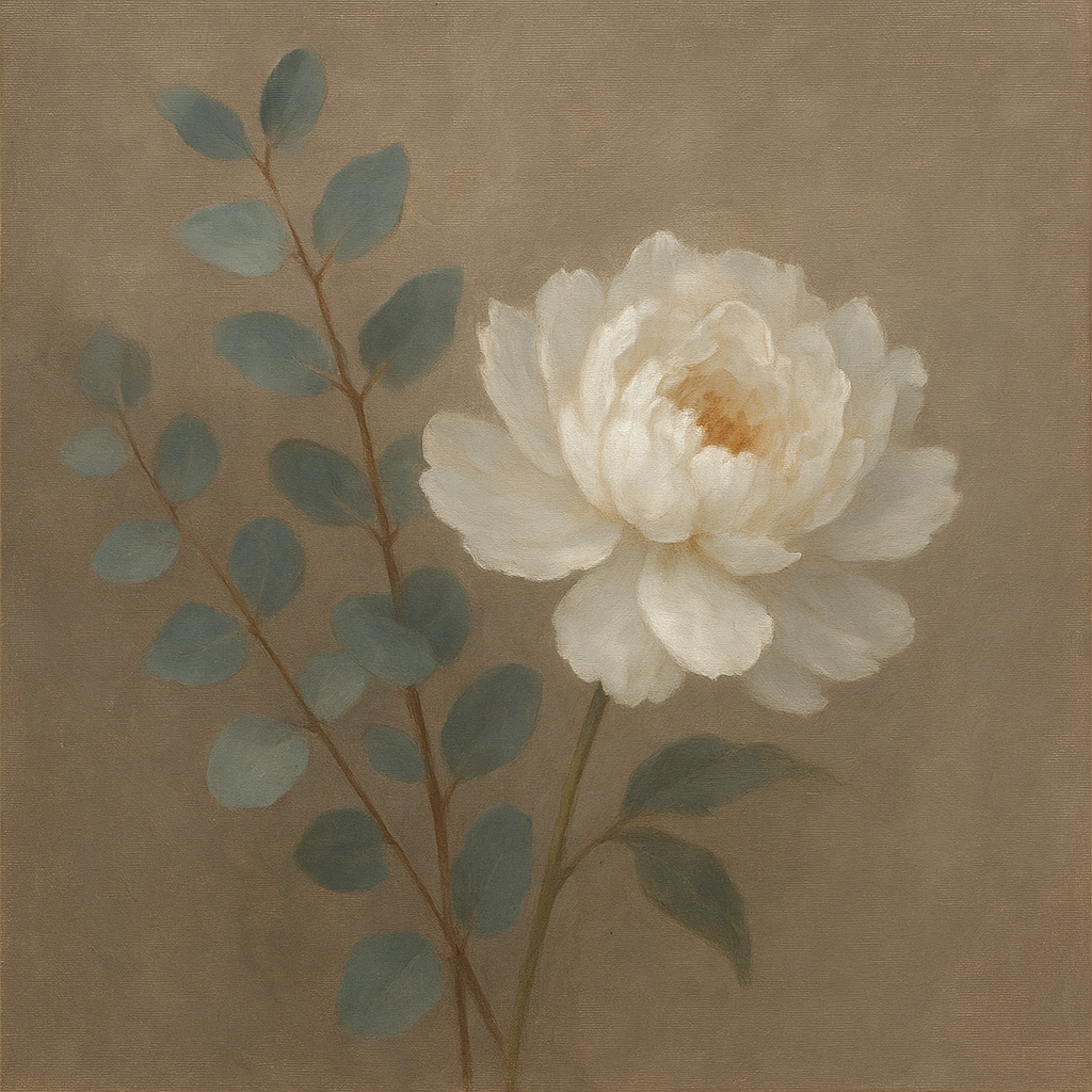 Eucalyptus & White Peony Minimalist Flora No. 11 Fine Art Oil Painting - View 1