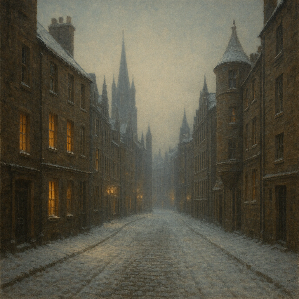 Edinburgh Old Town Royal Mile in Snow No. 27 Oil Painting - View 1