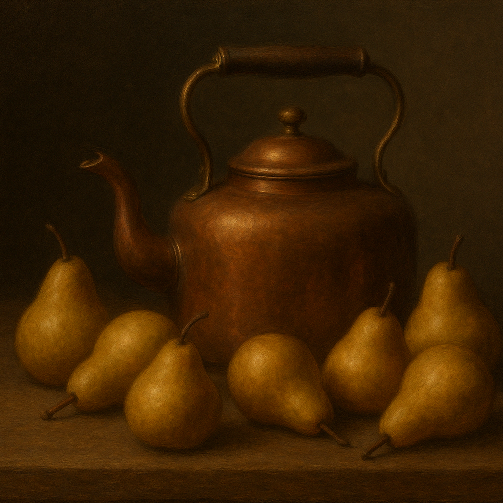 Antique Copper Kettle & Orchard Pears No. 6 Oil Painting - View 1