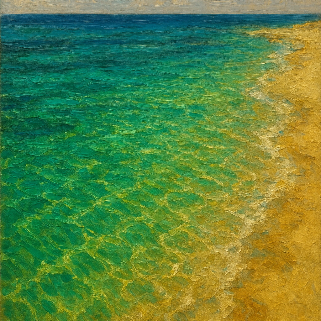 Sunlit Emerald Shallows Coastal Oil Painting - View 1