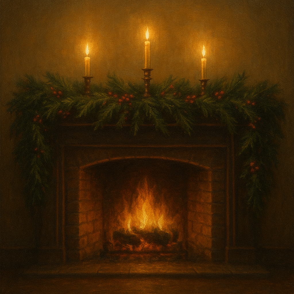 Vintage Fireside Hearth & Cedar Garlands No. 3 Oil Painting - View 1