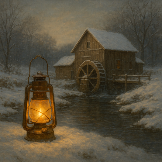 Snowy Mill Stream & Glowing Lantern No. 10 Oil Painting - View 1