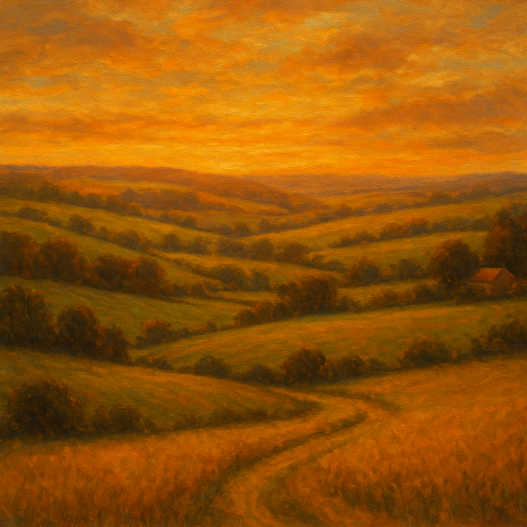Rolling Pastoral Hills in Warm Golden Sunset No. 8 Fine Art Oil Painting - View 1