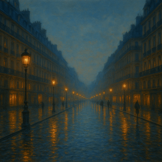 Rainy Parisian Boulevard at Twilight Oil Painting - View 1