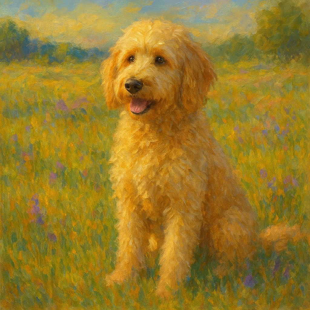 Fluffy Goldendoodle in Sun-Drenched Meadow No. 2 Fine Art Oil Painting - View 1