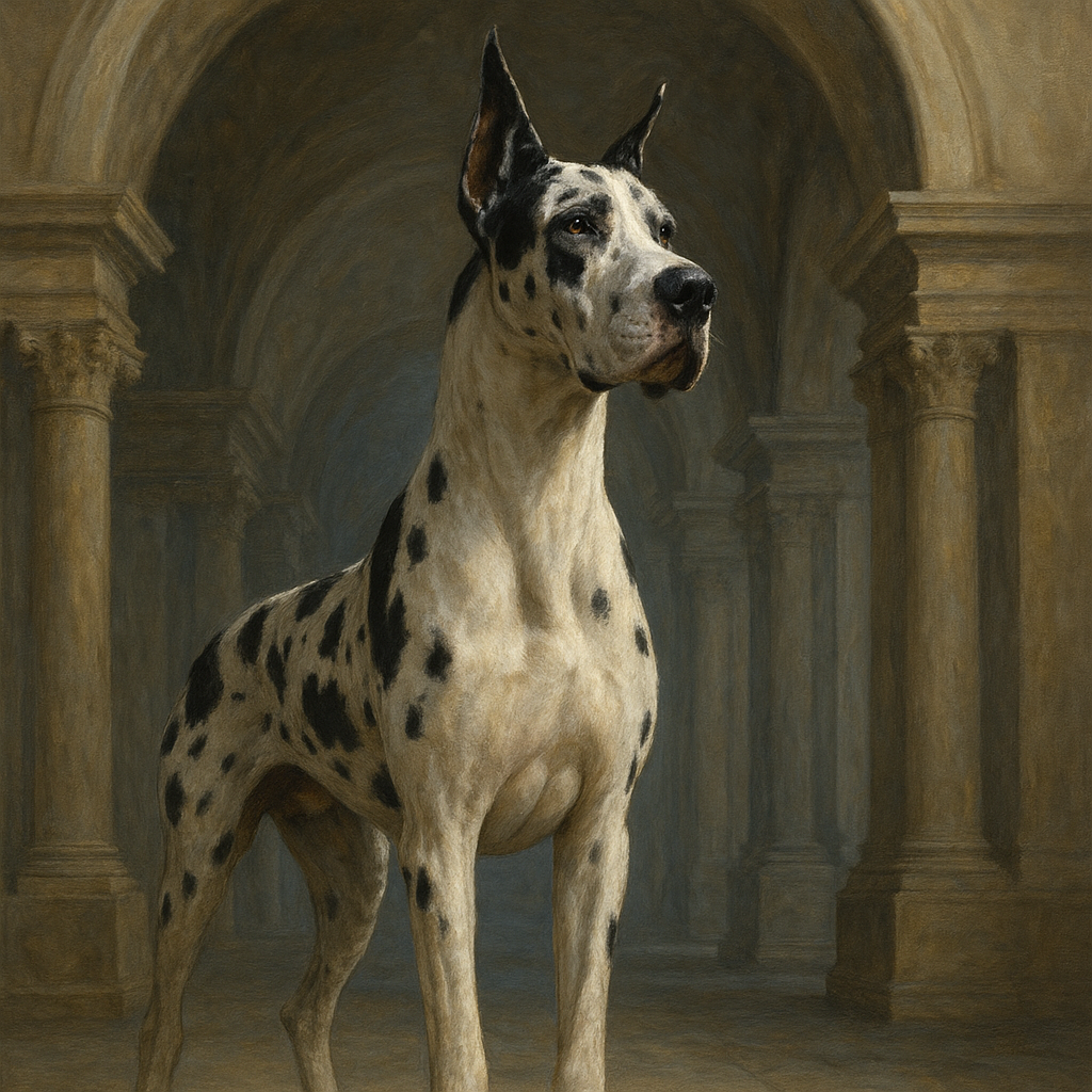 Regal Great Dane in Grand Architectural Hall No. 12 Fine Art Oil Painting - View 1
