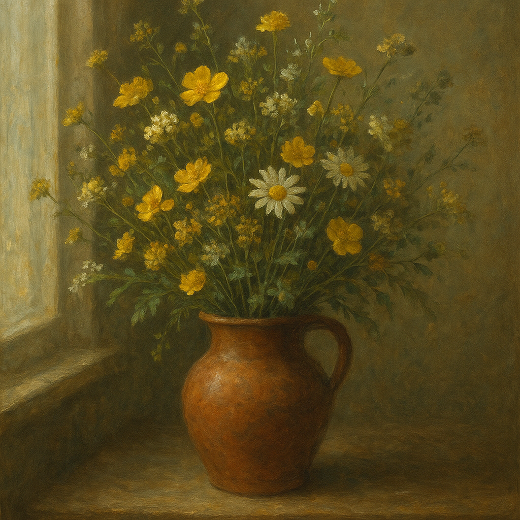 Vintage Meadow Wildflowers in Earthenware Jar No. 2 Fine Art Oil Painting - View 1