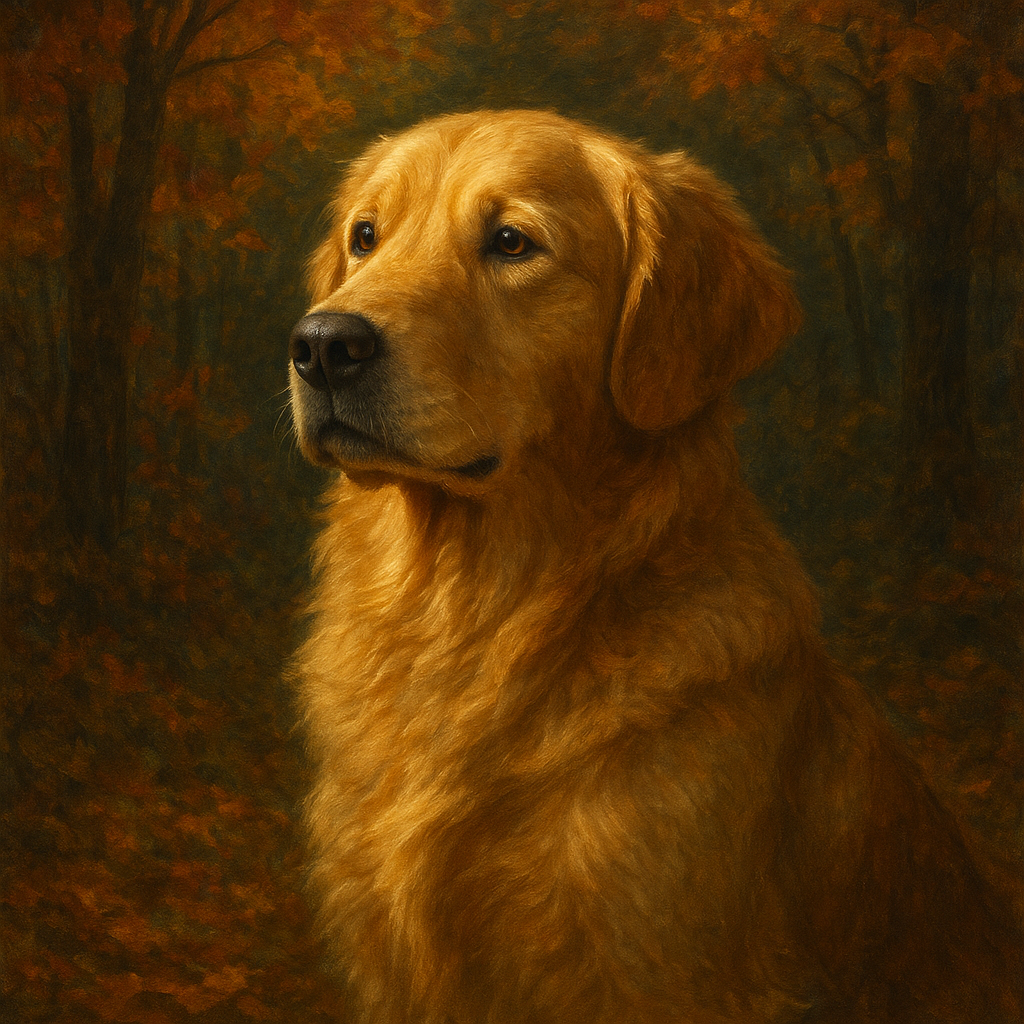 Noble Golden Retriever in Autumn Woods No. 12 Fine Art Oil Painting - View 1