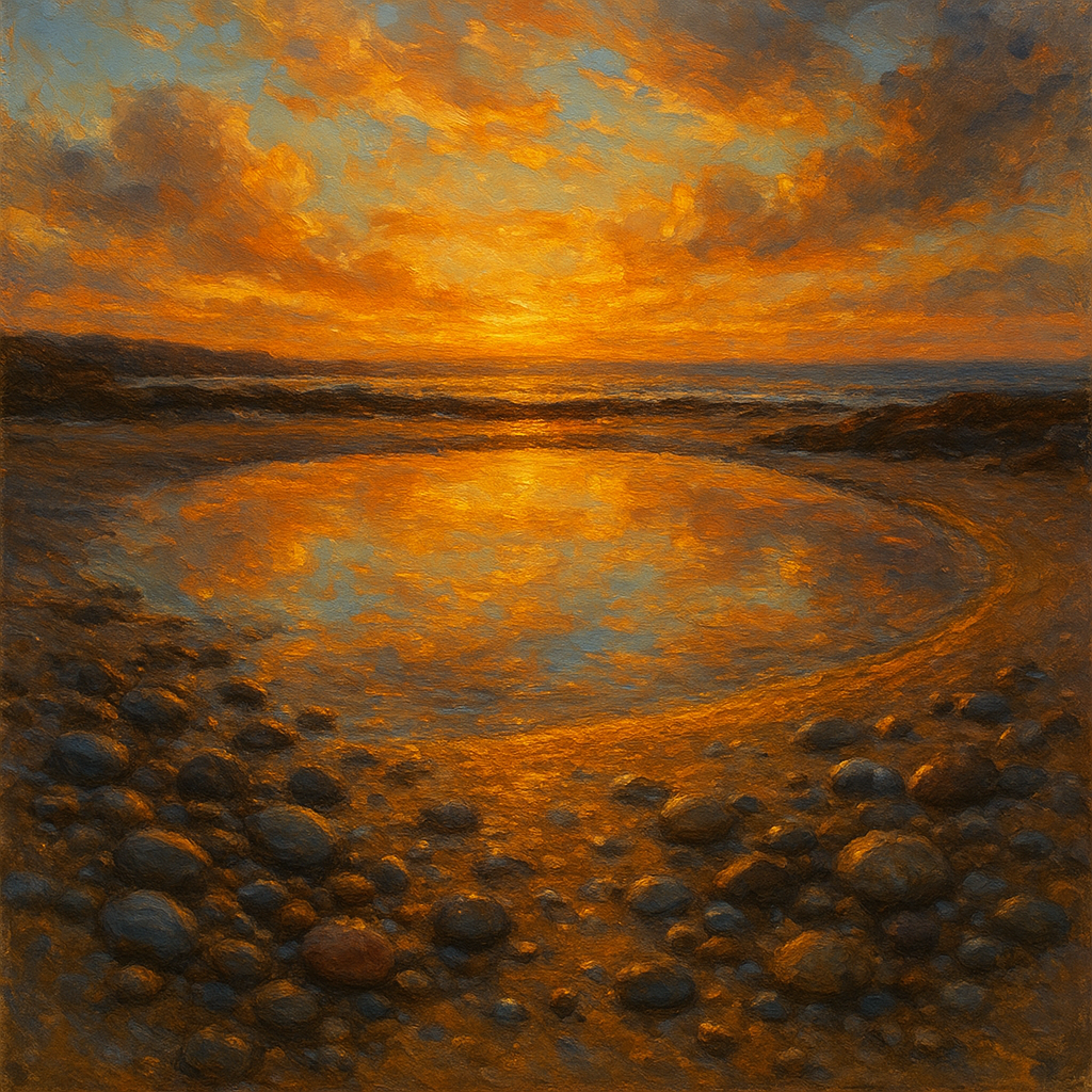 Golden Sunset Tidal Pool Coastal Oil Painting - 100% Hand-Painted Master Oil Painting