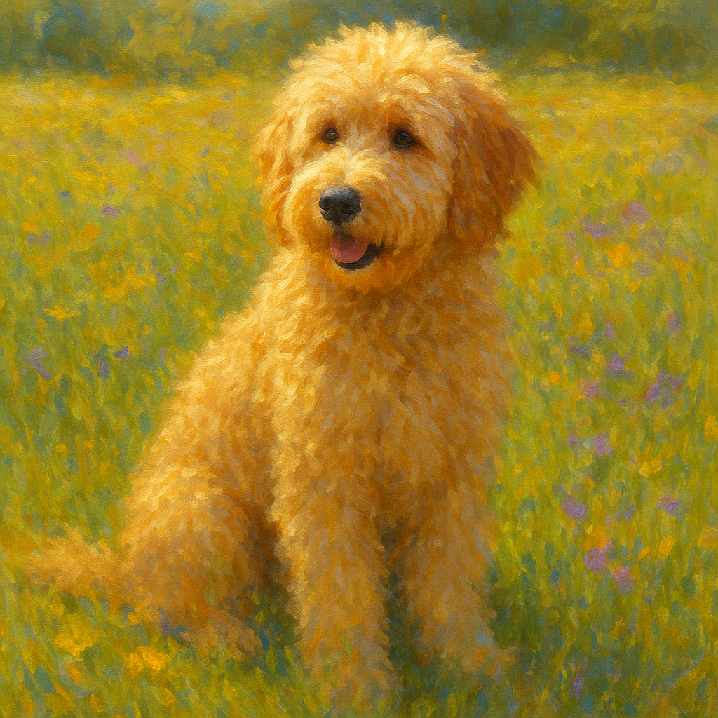 Fluffy Goldendoodle in Sun-Drenched Meadow No. 4 Fine Art Oil Painting - View 1