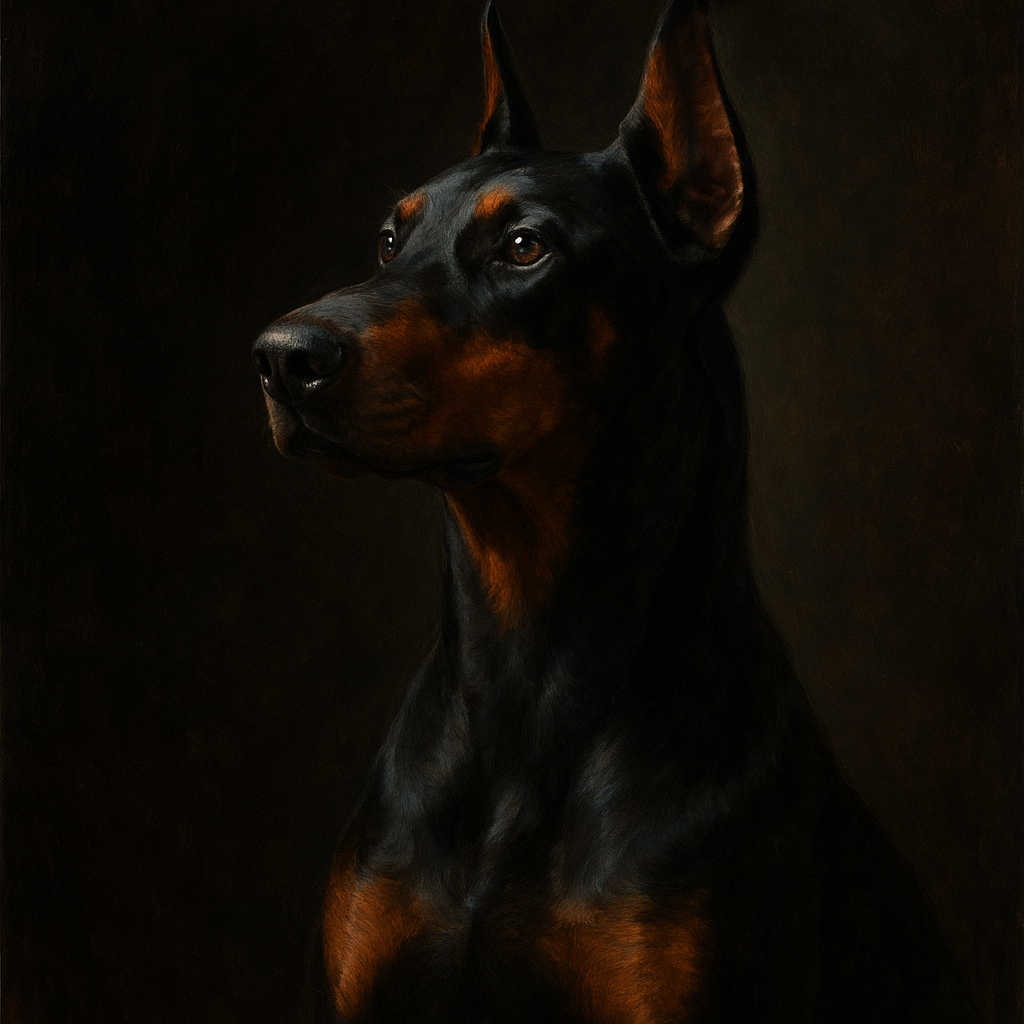 Alert Doberman Pinscher in Shadow & Light No. 8 Fine Art Oil Painting - View 1