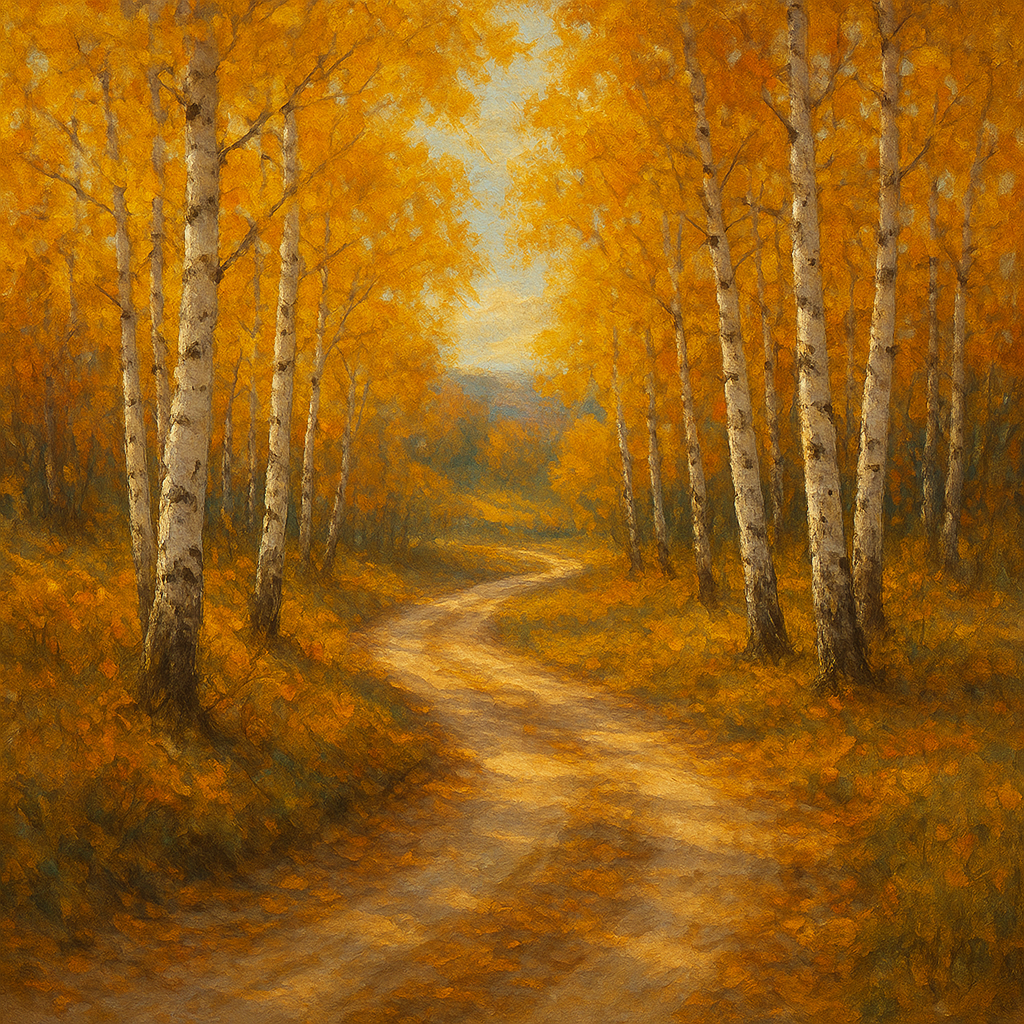 Winding Country Dirt Road through Birch Glade No. 3 Fine Art Oil Painting - View 1