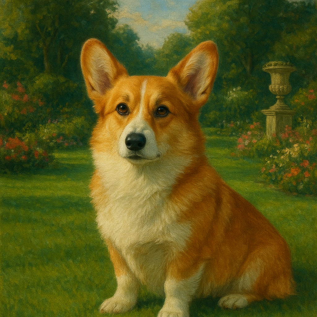 Pembroke Welsh Corgi in Royal English Garden No. 16 Fine Art Oil Painting - View 1